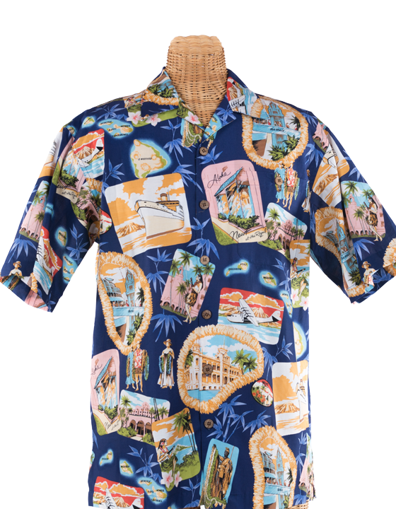 Newt's retro-print aloha shirt with the Nostalgia design