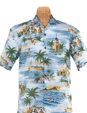 Newt's retro-print aloha shirt with the Aloha Tower design