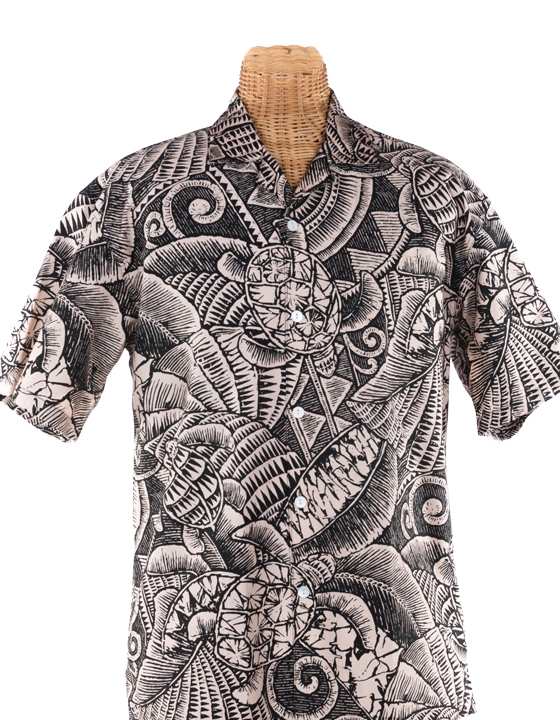Newt's retro-print aloha shirt in the Na Honu design