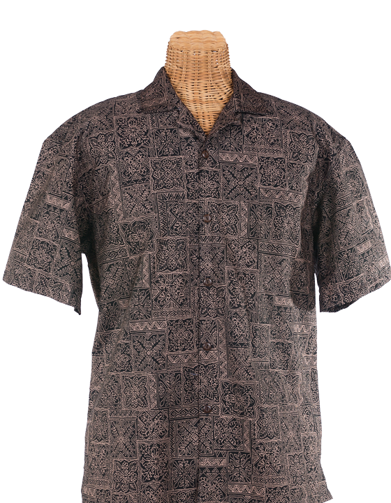 Newt's retro-print aloha shirt with a Hawaiian quilt design