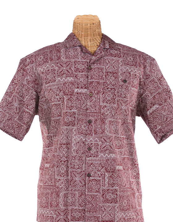 Newt's retro-print aloha shirt with the Hawaiian quilt design